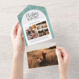 Plaid Santa Christmas Green Pink 4フォトホリデー オールインワン招待状