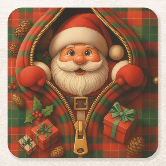 Plaid Santa Claus Christmas Design  スクエアペーパーコースター (正面)