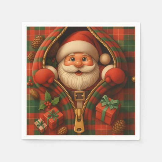 Plaid Santa Claus Christmas Design  スタンダードカクテルナプキン (正面)