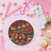 Plaid Santa Sleigh  Wreath Merry Christmas Gold ペーパープレート (パーティー)