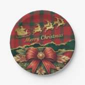 Plaid Santa Sleigh  Wreath Merry Christmas Gold ペーパープレート (正面)