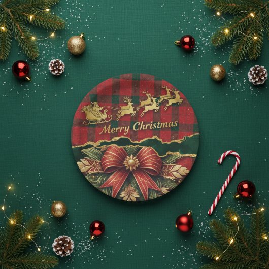 Plaid Santa Sleigh  Wreath Merry Christmas Gold ペーパープレート