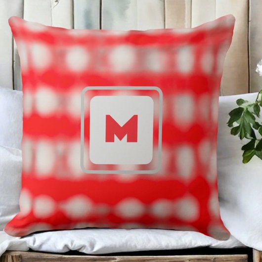 Plaid tartan red white gray monogram Christmas  クッション