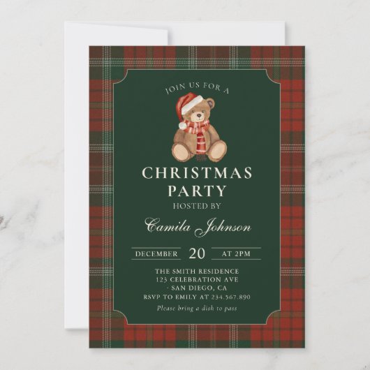 Plaid Teddy Bear Christmas Party Invitation 招待状 (正面)