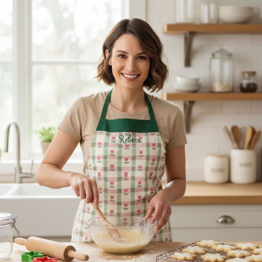 Plaid Tulip Women's Apron with Custom Name エプロン