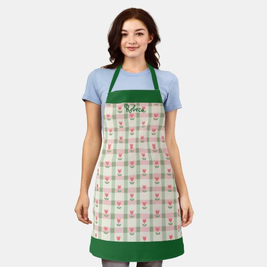 Plaid Tulip Women's Apron with Custom Name エプロン (着用した状態)