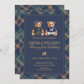 Plaid Twins Teddy Navy Tartan Bear 1st Birthday 招待状 (正面/裏面)