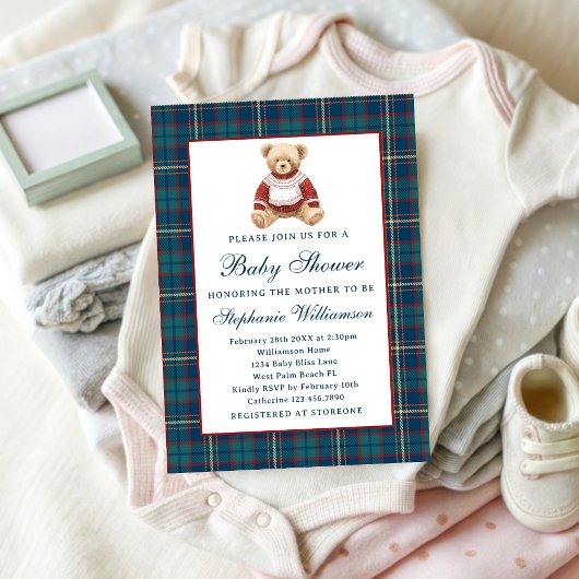 Plaid Vintage Teddy Bear Christmas Baby Shower 招待状