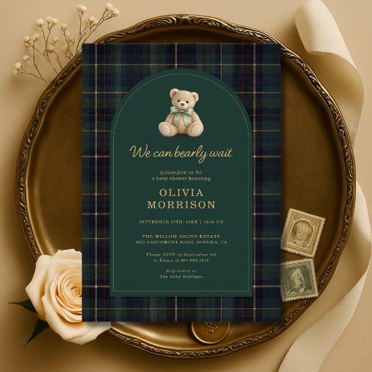 Plaid We Can Bearly Wait Green Blue Baby Shower 招待状