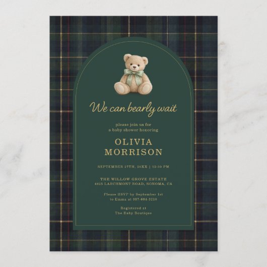 Plaid We Can Bearly Wait Green Blue Baby Shower 招待状 (正面)