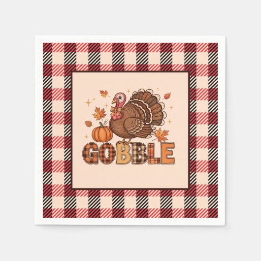 Plaid & Whimsy – Festive Thanksgiving Turkey スタンダードカクテルナプキン (正面)