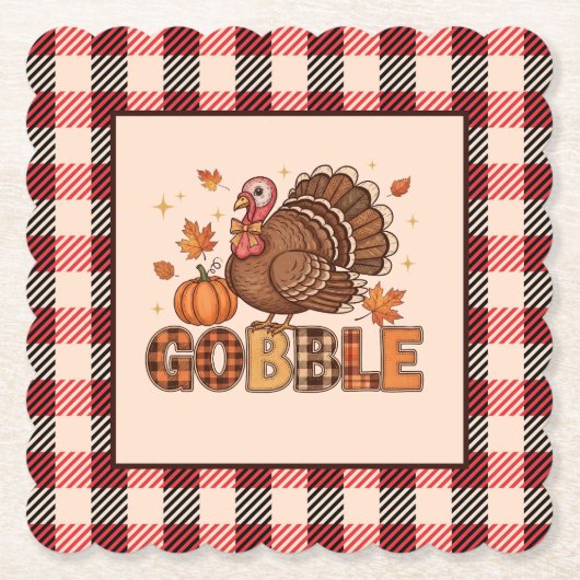 Plaid & Whimsy – Festive Thanksgiving Turkey ペーパーコースター (正面)
