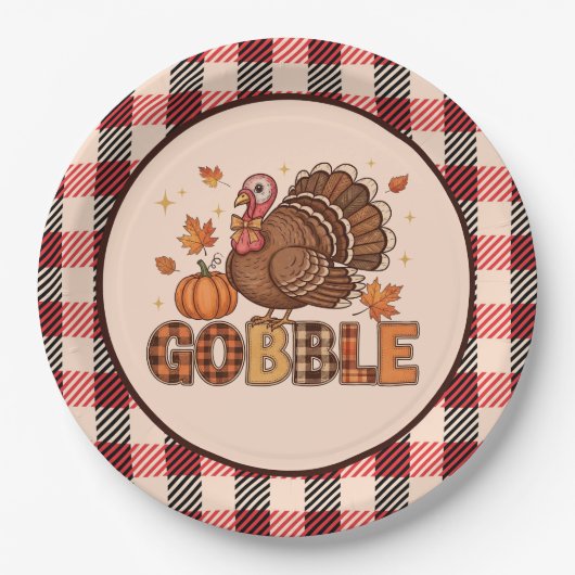 Plaid & Whimsy – Festive Thanksgiving Turkey ペーパープレート (正面)