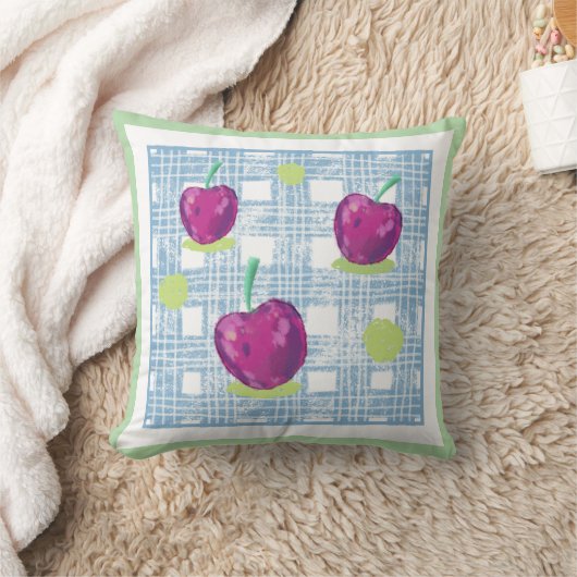 Plaid with Cherry Print Throw Pillow クッション (ブランケット)