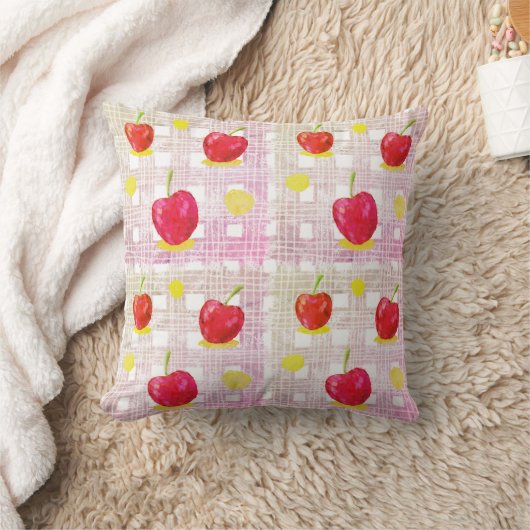 Plaid with Pink Cherries Throw Pillow クッション (ブランケット)