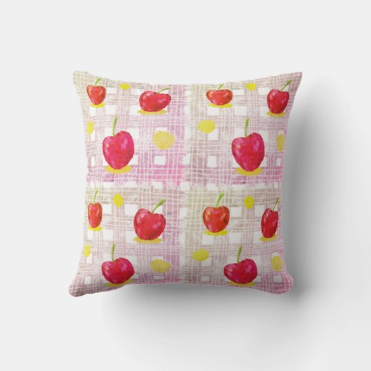 Plaid with Pink Cherries Throw Pillow クッション (裏面)