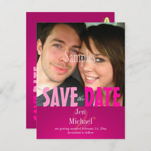 Plain, Pink日付写真/DIYフォントを保存 案内ポストカード (正面/裏面)