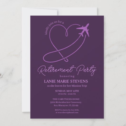 Plain Purple Heart Plain Retirement Party 招待状 (正面)