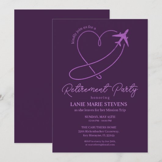 Plain Purple Heart Plain Retirement Party 招待状 (正面/裏面)