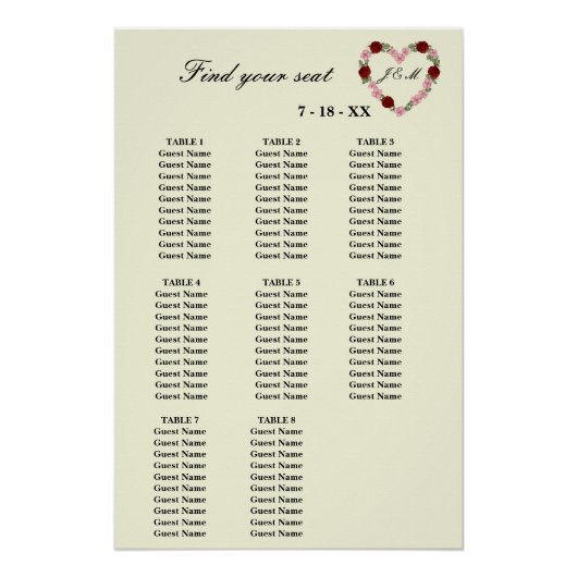 Plan de table de mariage 8 - coeur floral crème ポスター (正面)