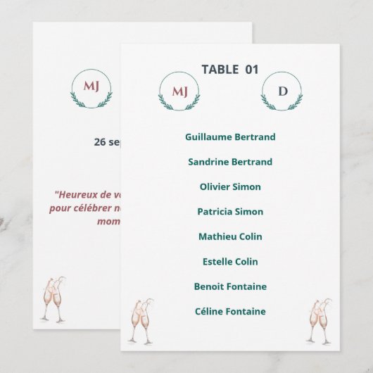 Plan de Table Individuel Chic – Harmony Journey 招待状 (正面/裏面)