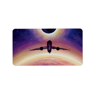 Plane in flight city and eclipse ラベル