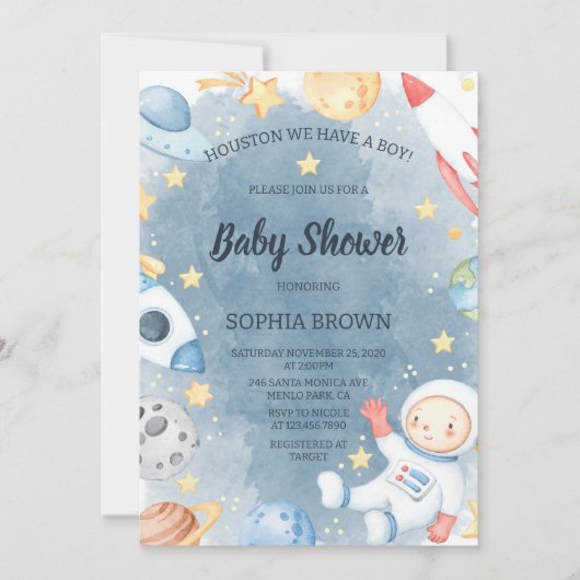 Planet Outer Space Baby Shower Invitation Boy 招待状 (正面)