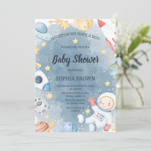 Planet Outer Space Baby Shower Invitation Boy 招待状 (スタンド正面)