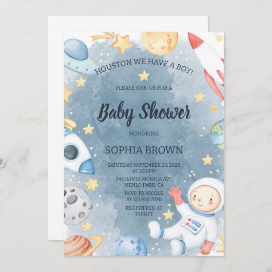 Planet Outer Space Baby Shower Invitation Boy 招待状 (正面/裏面)