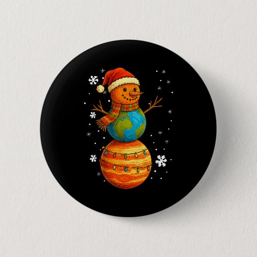 Planet Snowman Earth Saturn Christmas Holiday Art  缶バッジ (正面)