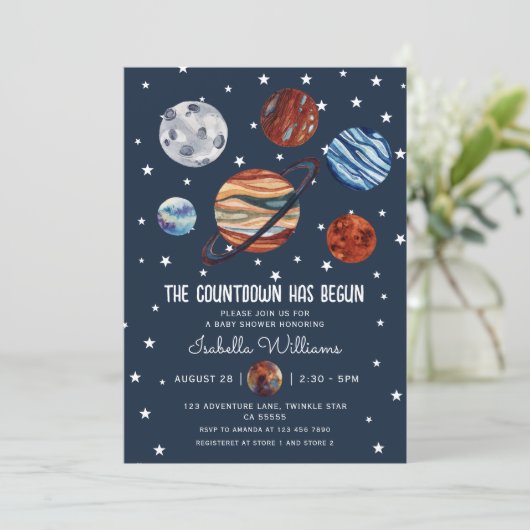 Planets Outer Space Boy Baby Shower 招待状 (スタンド正面)
