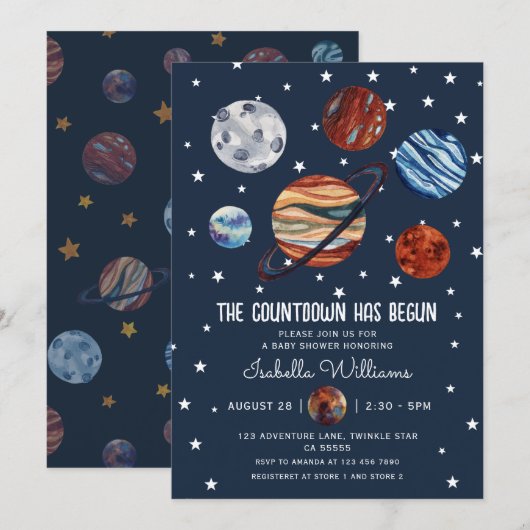 Planets Outer Space Boy Baby Shower 招待状 (正面/裏面)