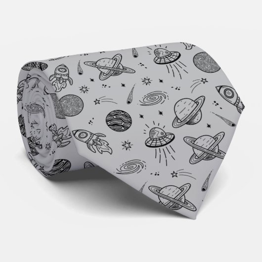 Planets rockets grey doodle space  ネクタイ (ロール)