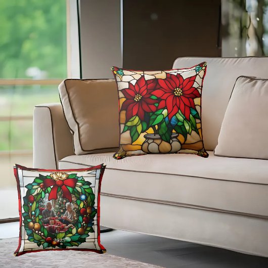 Planted Poinsettias Faux Stained Glass クッション