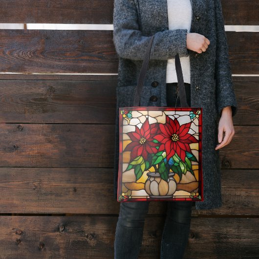 Planted Poinsettias Faux Stained Glass トートバッグ