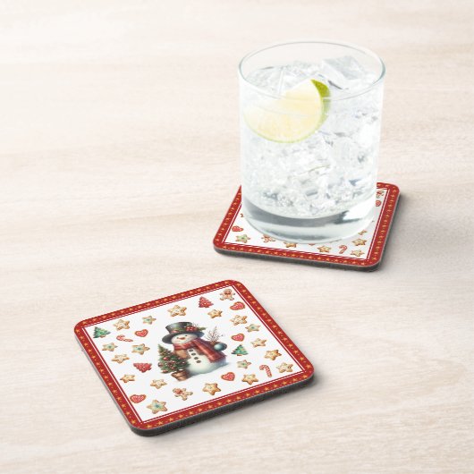 Plastic Coaster Snowman and Christmas Cookies Red コースター (右側)