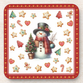 Plastic Coaster Snowman and Christmas Cookies Red コースター