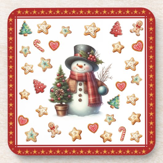 Plastic Coaster Snowman and Christmas Cookies Red コースター (正面)