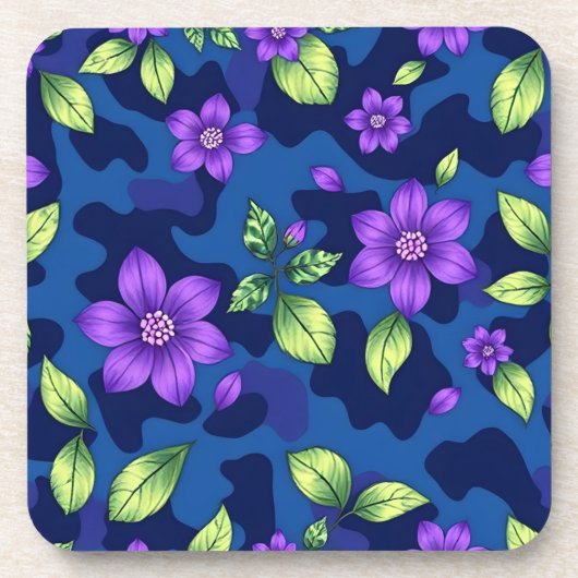 Plastic Metallic Blue Purple Flowers Camo Coaster  コースター (正面)