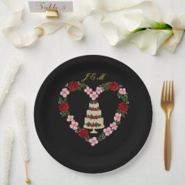 Plate black cake topper with red rose heart ペーパープレート