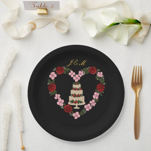 Plate black cake topper with red rose heart ペーパープレート (ウェディング)