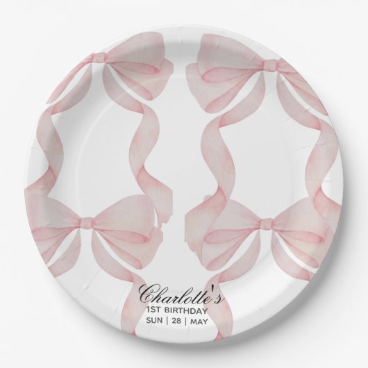 plate Pink Bow Paper Plate 1st birthday ペーパープレート (正面)