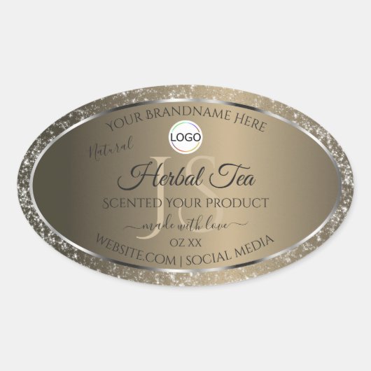 Platinum Beige Logo Initials Glitter Product Label 楕円形シール (正面)