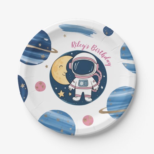 Plato De Papel Cumpleaños Astronauta Pink Blue ペーパープレート (正面)