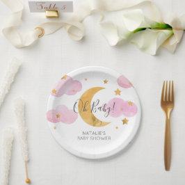 Platón De Papel Luna Y Baby Shower Rosa ペーパープレート