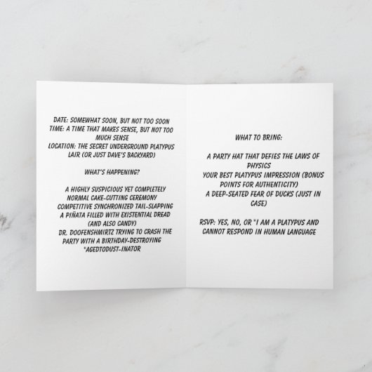 Platypus誕生日パーティー:ワイルドお祝い#1 招待状 (内部)