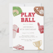 Play Ball Red Baseball Sports Birthday Party 招待状 (正面)