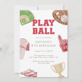 Play Ball Red Baseball Sports Birthday Party 招待状