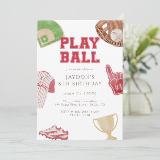 Play Ball Red Baseball Sports Birthday Party 招待状 (スタンド正面)