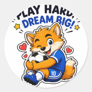 PLAY HARD DREAM BIG サッカーキツネステッカー ラウンドシール